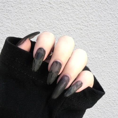 24pcs Retro Black Dot Decor Japanese Style Elegant Glitter Fake Gemstone False Nails Short Round Head Acrylic With Glue