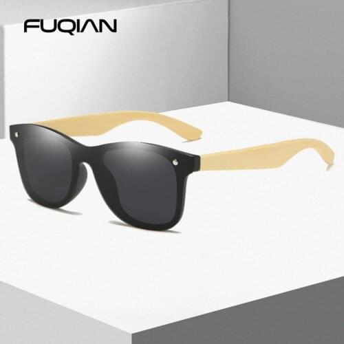 FUQIAN Bamboo Wood Polarized Sunglasses Men Fashion Square Sun Glasses Women Mirror Lens Driving Eyewear UV400
