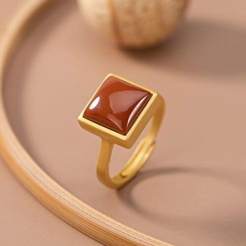 S925 Sterling Silver Inlaid Natural South Red Agate Ring Retro Easy Matching Square Simple Womens Opening Ring Ornament