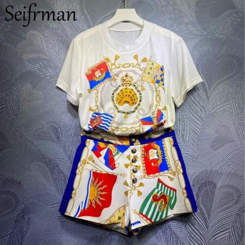 Seifrmann Summer Women Fashion Runway Shorts Set Short Sleeve Loose Tops + High Waist Vintage Printed Shorts 2 Two Pieces Suits