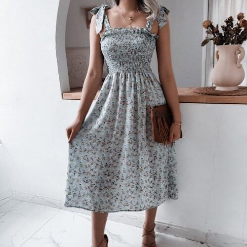 Shibel Dress Women 2021 New Arrive Spring Summer Casual Lace-up Sleeveless Floral Pleated Chiffon Dress