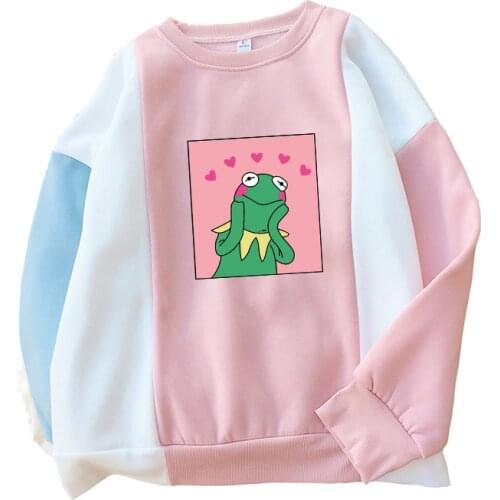 Women Autumn Winter New Fleece Kawaii Cute Frog Cartoon Print Sweatshirt Casual O-neck Colorblock Patchwork Sweat Femme Hosodies