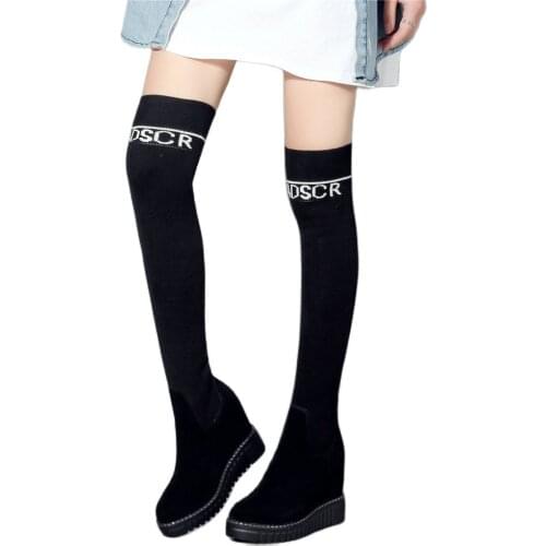 Slim Leg Long Pumps Women Genuine Leather Wedges High Heel Thigh High Boots Female Stretchy Knitting Round Toe Fashion Sneakers