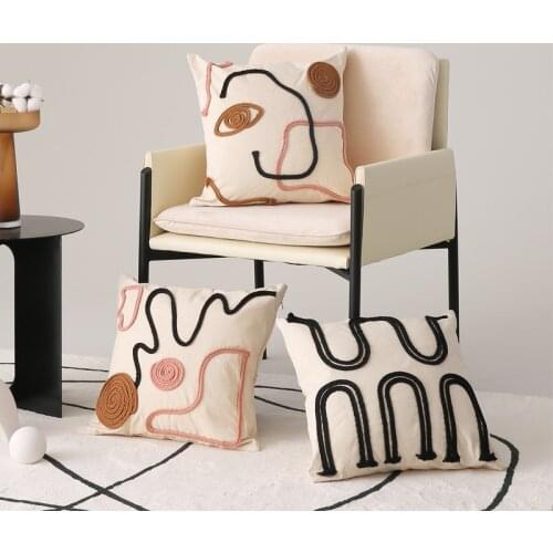 Home Decoration Rainbow Cushion Cover Black Stripe Pillow Cover Rope Embroidery Pink 45x45cm For Living Room Bed Room