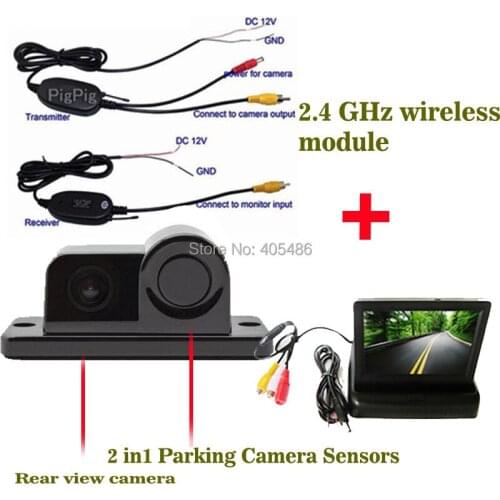 Wireless universal 2 IN1 Car CCD RearView Camera Backup Camera With Parking Sensor 4.3 Inch TFT LCD Car mirror foldable Monitor