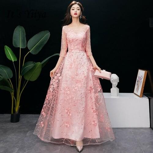 Evening Dress O-neck Embroidery Evening Dresses Pink Plus Size LF176 Formal Gowns Long Half Sleeve robe de soiree