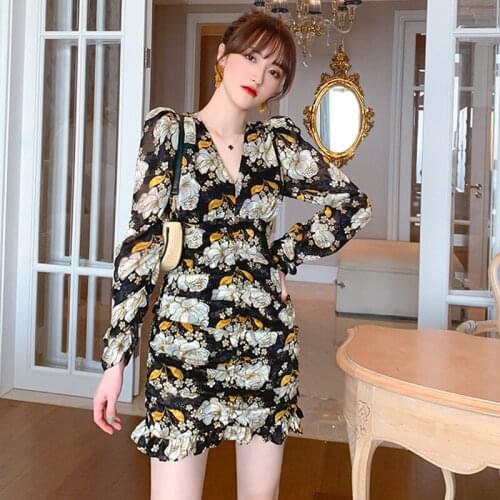 Spring Korean Style Mini Ruffle Party Dress Ladies Elegant Retro Sexy Long Sleeve Leopard Print Casual Boho Beach Short Sundress