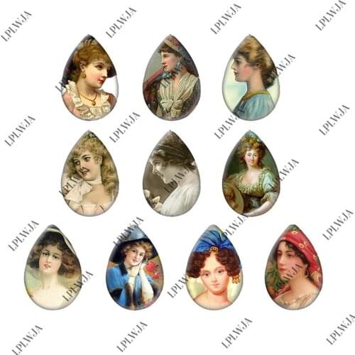 LPLWJA Vintage Hat Lady Woman Tear Drop Waterdrop Shape Mix Glass Cabochon Printed Photo Demo Flat Back Making Findings