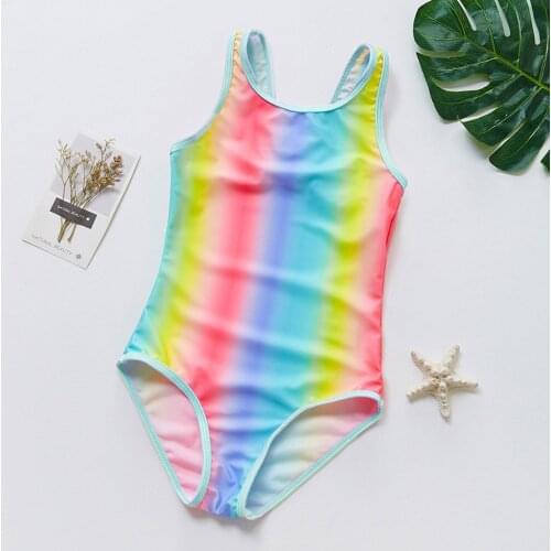 #VW Summer Childrens Sleeveless Backless Swimwear Rainbow Print Striped Swimsuit Girl Bikini Set One Piece Biquini Infanti