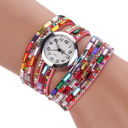 Women Luxury Colorful Diamond Boho Rhinestone Quartz Watches Multilayer Bracelet Braided Winding Wrap Wristwatch PU Leather Band
