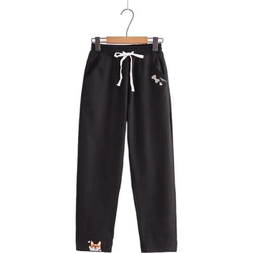 Shiba Inu Embroidery Kawaii Straight Pants for Women Elastic Waist Pocket Full Length Pants Sweet Girl Harakuju Cute Trousers