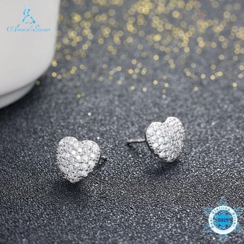 Ann & Snow New Chic Cute 925 Sterling Silver Love Heart Stud Earrings With Clear Crystal CZ Female Brincos For Woman SVE057