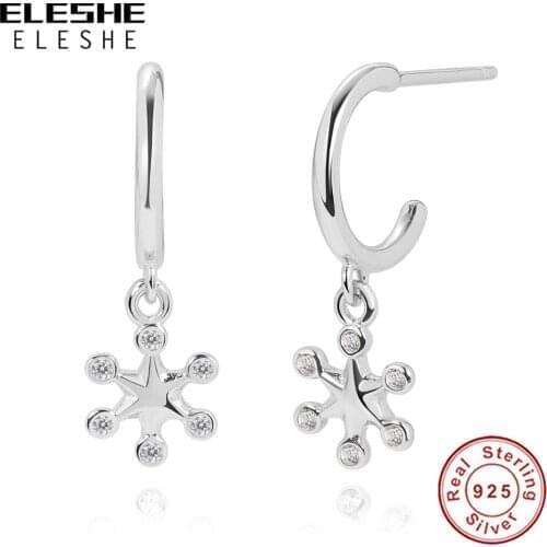 ELESHE 100% Pure 925 Sterling Silver Snowflake Hoop Earrings for Women Delicate CZ Crystal Earrings Wedding Jewelry Accessories