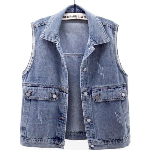 Blue Big Pocket Frayed Denim Vest Women Waistcoat Summer Cowboy Sleeveless Jacket Coat Big Size Loose Short Jeans Vests Female