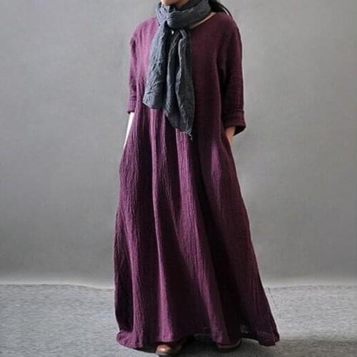 New Autumn Cotton Linen Vintage Dress 2021 Women V-Neck Long Sleeve Casual Loose Boho Long Maxi Dresses Vestidos Plus Size L-5XL
