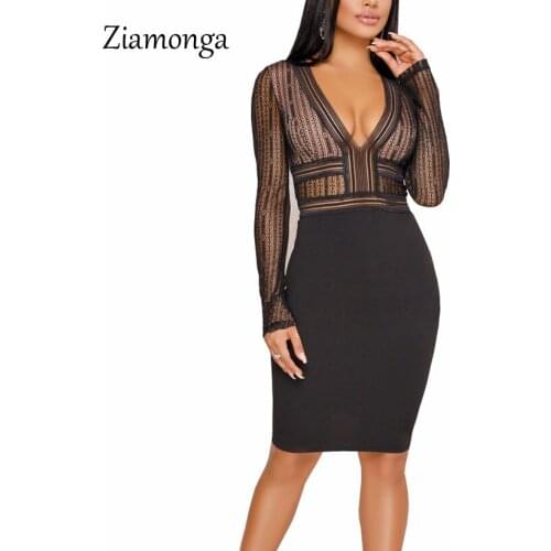Ziamonga Winter 2018 Elegant Party Dresses Deep V-Neck Long Sleeve Dress Women Bandage Sexy Club Night Wear Lace Bodycon Vestido