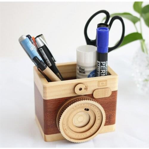 2021 Creative Desk Organizer Camera Pattern Wooden Pen Pencil Case Holder Stand Desktop Sundries Storage Box Office Accessories