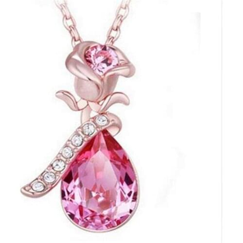 2020 Brand New Angel Crystal Hot Trend Rose Flower Pendant Necklace Charm Silver Color Beauty Rose Jewelry Necklace For Women