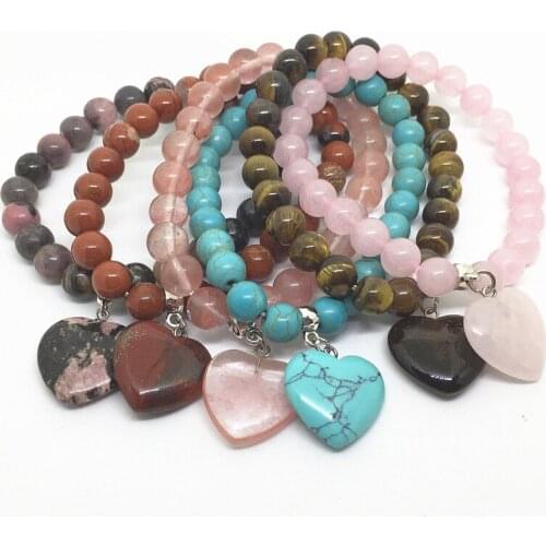 3pcs / lot Stone Beads Women Pendant Bracelets Elastic Bangle Colorful With Heart Charms For Women Jewelry