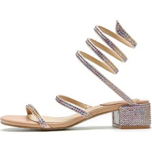Bohemia Women shoes Rhinestone Sandals Casual Summer Snake Retro Mid Heel Peep Toe single Snake-shaped Belt Sandals