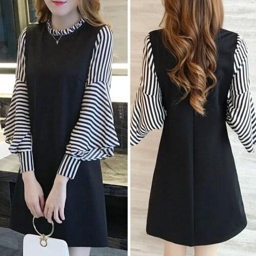 2021 age season han edition big yards long dress in fashionable stripe sleeve splice lotus leaf temperament fake two piece