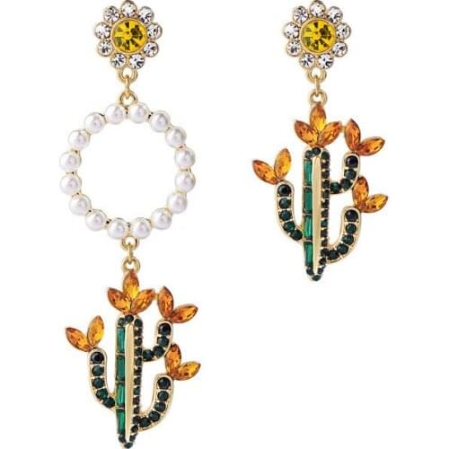 Colorful Oil Cute Cactus Bird Drop Earrings for Women Asymmetric Shiny Crystal Pearl Statement Earrings 2020 Fashion Jewelry