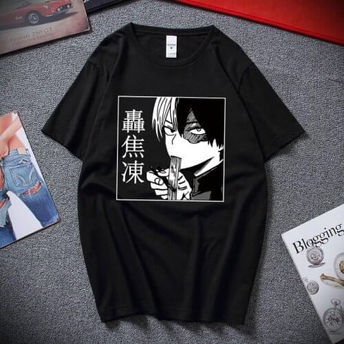 Summer New Mens Anime Short-sleeved My Hero Academia Shoto Todoroki Hip Hop Tops Tees Unisex Round Neck 100% Cotton T-shirt SCP