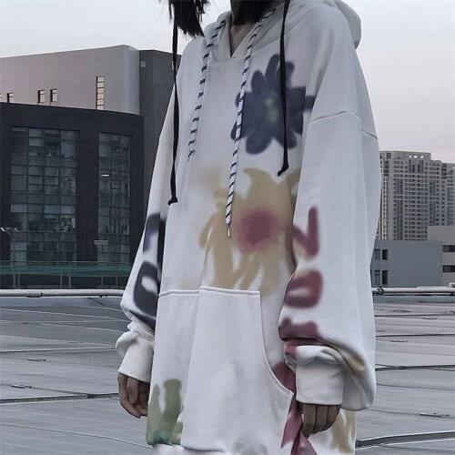 Fashion Cool Harajuku Japanese Sweatshirt Women Autumn Flower Print Hoodies Long Sleeve Pullover Loose Cute Hoodie Funny Females