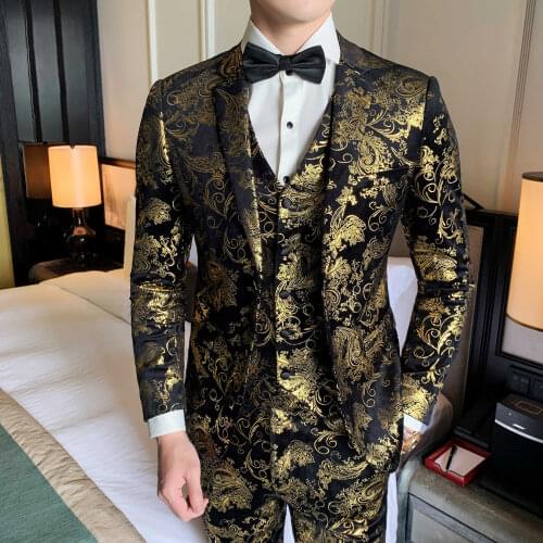 Men 2020 Autumn Clothing Casual Floral Suits Mens Business Formal Wear Tuxedo 4PC Men Suit Brand New Slim Fit Wedding Dress Suit