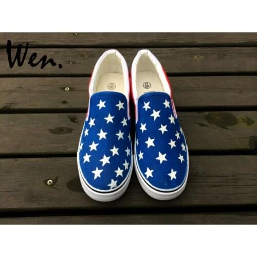 Wen Original Hand Painted Shoes Design Custom US Flag Stars Unisex Slip On Canvas Shoes Low Platform Flat Lazy Wear Plimsolls