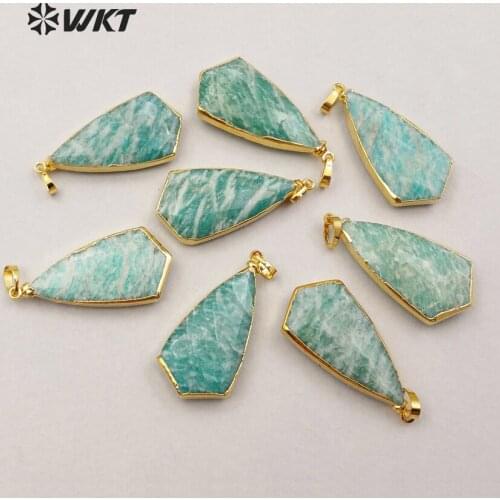 WT-P1186 Wholesale fashion jewelry natural amazonit stone pendant with 24K electroplated statement shape pendant jewelry