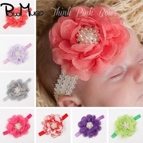 Powmuco Shining Pearl Rhinestone Flower Toddler Elastic Headband Handmade Net Yarn Chiffon Floral Baby Hairband Kids Accessories