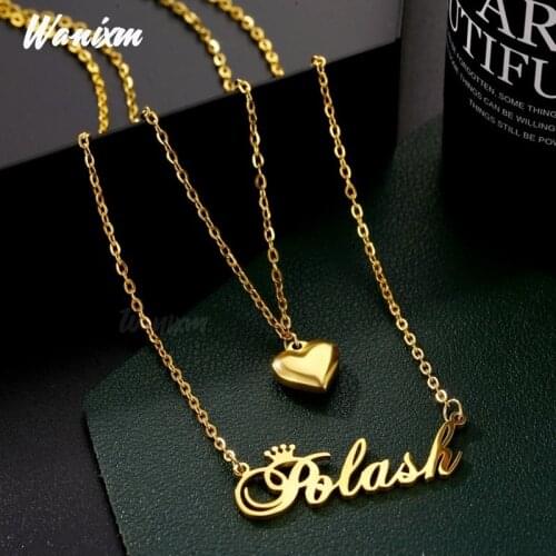Wanixm Custom Stainless Steel Double Layer Heart Name Necklaces for Couples Customized Personalized Fashion Pendant Jewelry Gift