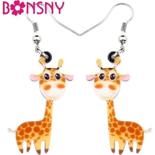 Bonsny Acrylic Sweet Cartoon Smile Giraffe Earrings Big Long Dangle Drop Unique Africa Animal Jewelry For Women Girls Teens Gift