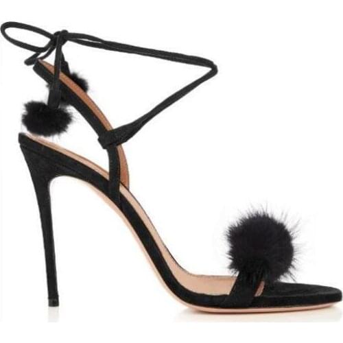 Summer New three colors womens small hairball decoration buckle ankle straps high heel sandals sexy stiletto party shoes