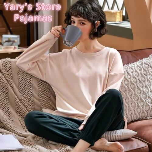 Womens Pajama Set Spring/autumn Home Wear Long Sleeve Solid Color Cotton Round Neck Home Wear Two Pieces of Womens Clothing