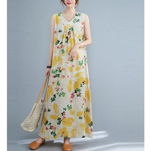 Women Summer Loose Casual Holiday Dress New Arrival 2021 Vintage Style V-neck Floral Print Female Cotton Linen Long Dresses B677