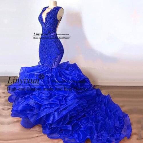 Sexy Long Tiered Organza V Neck Royal Blue Mermaid Prom Dresses 2021 Formal Evening Gowns Custom Size Party Gowns