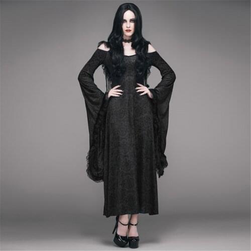 Gothic Victoria Black Sexy Women Party Evening Long Dress Steampunk Deep V-Neck Batwing Sleeve Formal Dress Hooded Cosplay Dress