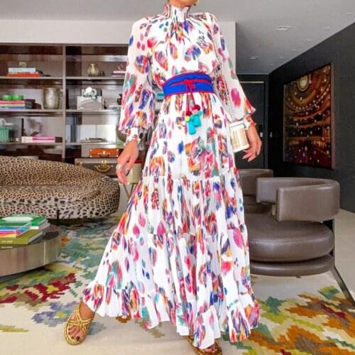 Ladies Vintage Sexy Print Chiffon Dress Women Spring Autumn Casual Ruffles High Waist Bohemian Beach Women Dress Female Vestidos