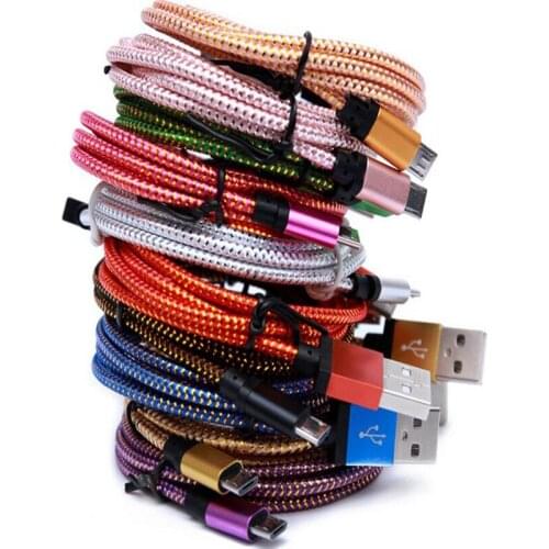 100pcs/lot 2m 6ft Aluminum Alloy Micro Usb data sync charger fabric braided cable for samsung htc blackberry lg