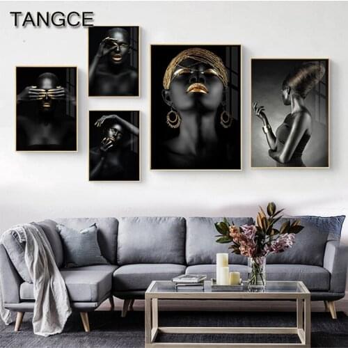 Abstract Golden Eyeshadow Women Painting Sexy Girl Poster Print Black Model Photo Wall for Living Room Fashion Wall Art Decor