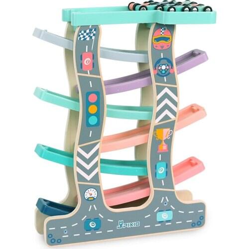 Wooden Magical Ramp Race Track Game & 6 Mini Inertia slide Cars Ladder Slot Play Set Vehicel &Train Baby Motor Skill Education