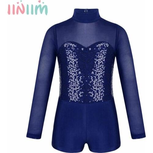 Kids Girls Long Sleeves Sequins Tulle Splice Ballet Dance Gymnastics Leotard Bodysuit Unitard Biketard Performance Dancewear