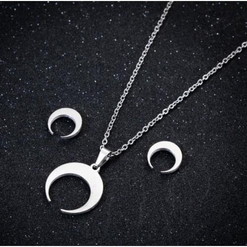 Jisensp Vintage Design Moon Stainless Steel Jewelry Sets Geometric Crescent Pendant Necklace Earrings for Women Christmas Gift