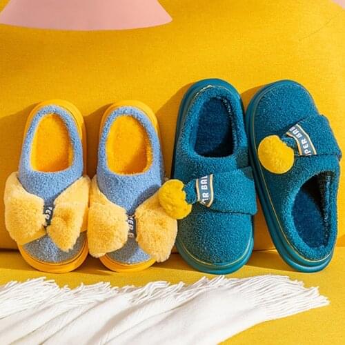 Winter Warm Curly Fur Slippers Men Women Cute Bow Hat Pattern Fluffy Slippers Ladies Plush Bedroom Slides Man Home Cotton Shoes