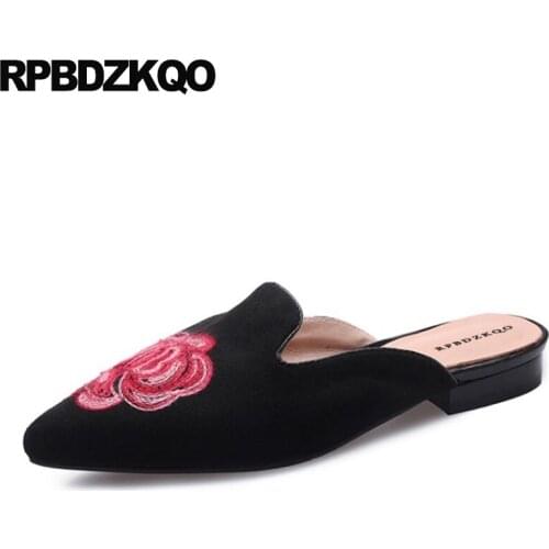 Traditional Chinese Shoes Slippers Women Black Pointed Toe Embroidery 10 11 Mules Flower Retro Embroidered Large Size Fitness