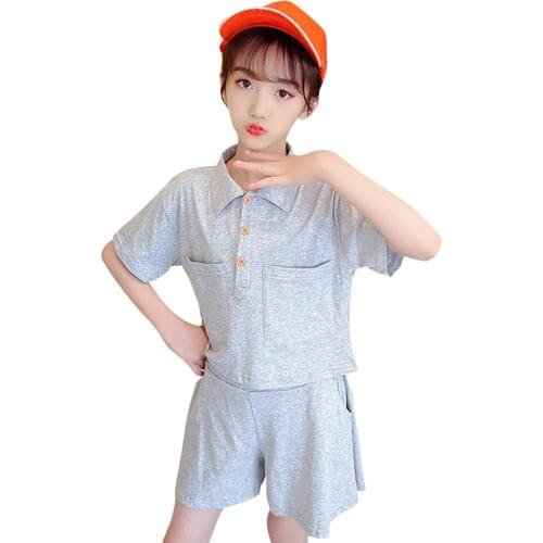 Teen Girls Clothing Solid Tshirt + Short Girls Outfits Pockets Costume For Girl Summer Childrens Tracksuit 6 8 10 12 14