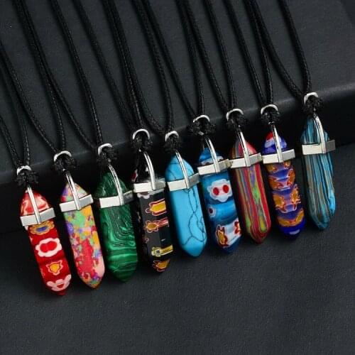 9 Style Natural Stone Quartz Crystal Opal Stone Hexagonal Column Pendulum Pendant Leather Chains Reiki Chakra pendulo Necklace