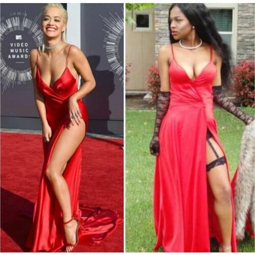 Sexy Long Burgundy V-Neck Celebrity Dresses with Slit Satin Spaghetti Straps Pleated Abendkleider Robes de Soirée for Women